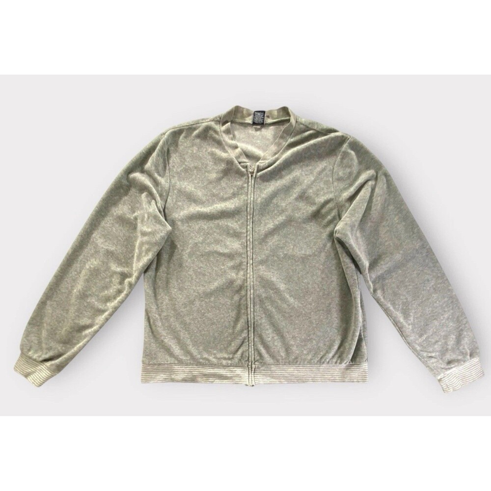 Gap Womens L Gray Velour Zip Up Jacket Terry Cotton Blend Striped Cuffs